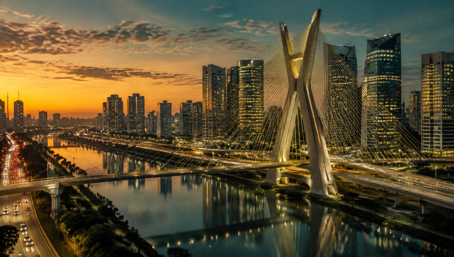 São Paulo skyline at dusk with the Octávio Frias de Oliveira cable-stayed bridge
